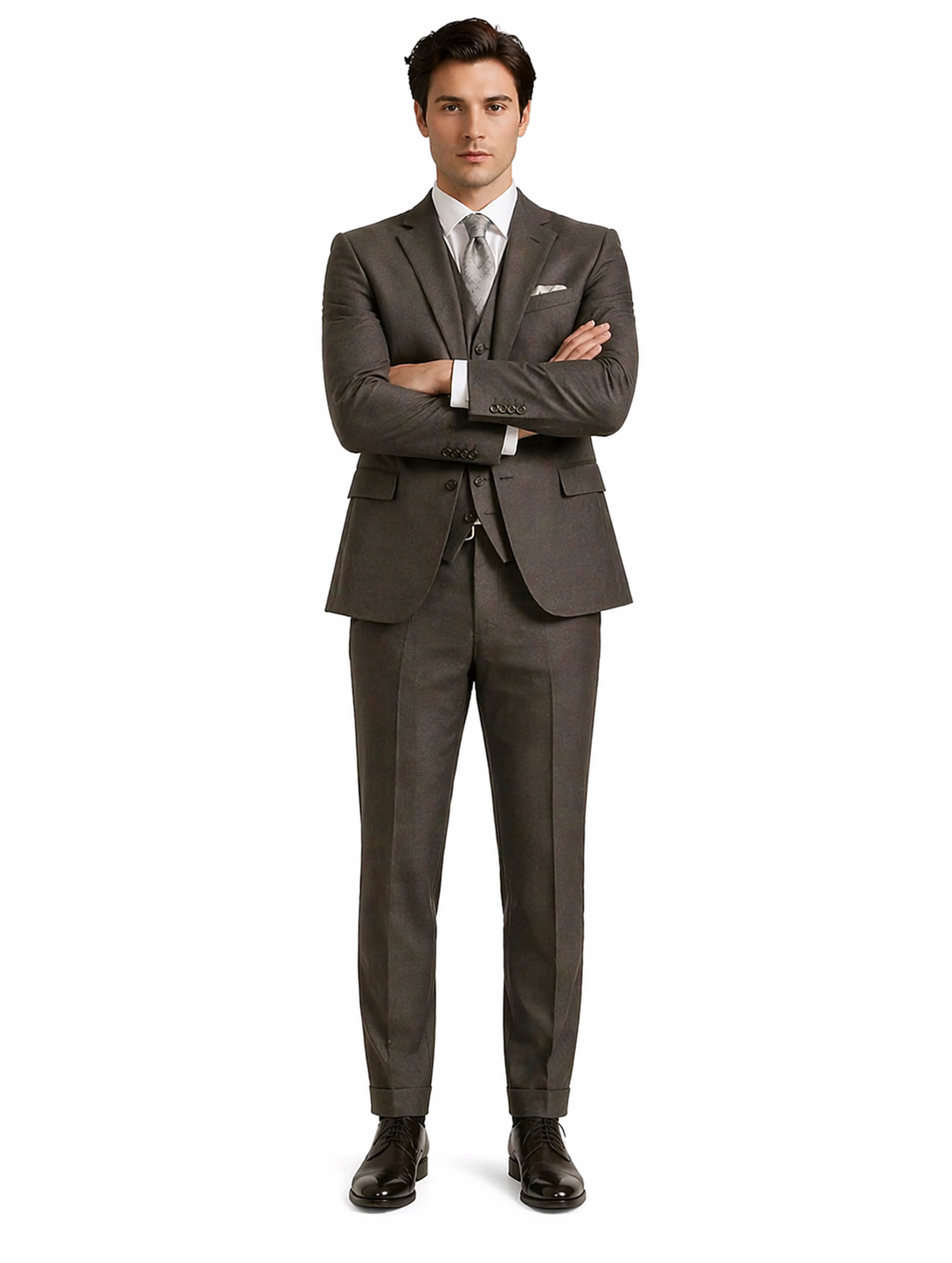 "Charcoal Grey Men's 2-Button Suit with Pleated Pants & Double-Breasted Vest"