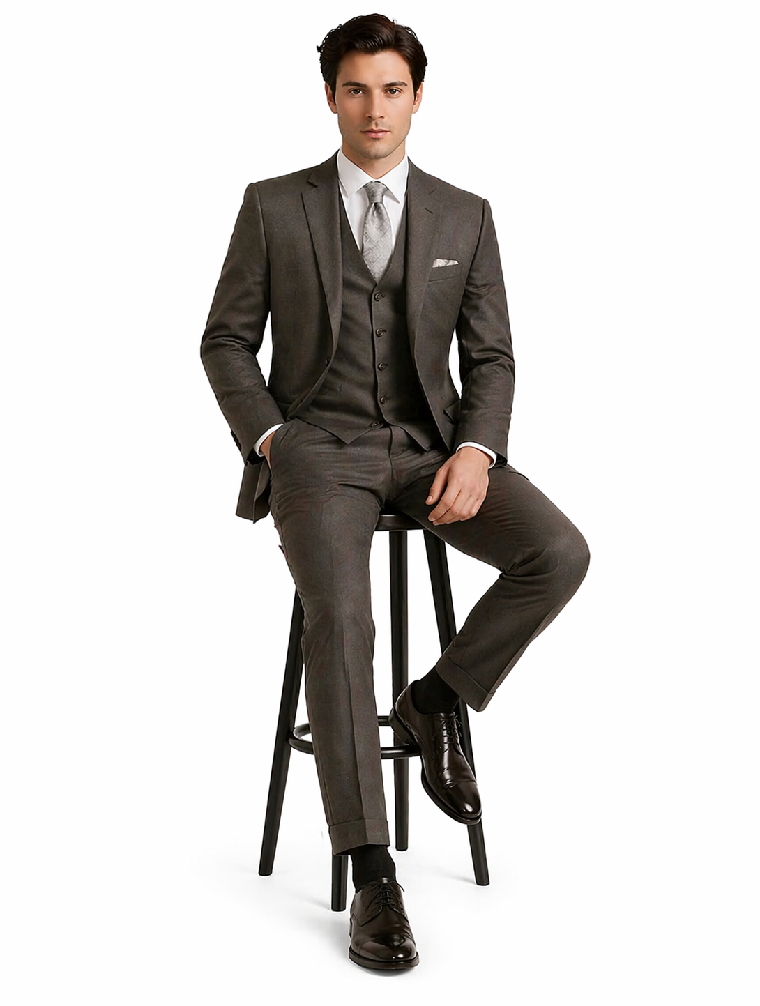 "Charcoal Grey Men's 2-Button Suit with Pleated Pants & Double-Breasted Vest"