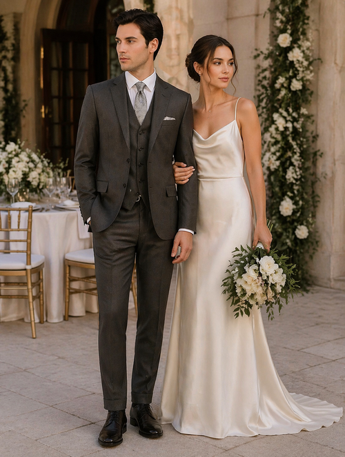 "Charcoal Grey Men's 2-Button Suit with Pleated Pants & Double-Breasted Vest"