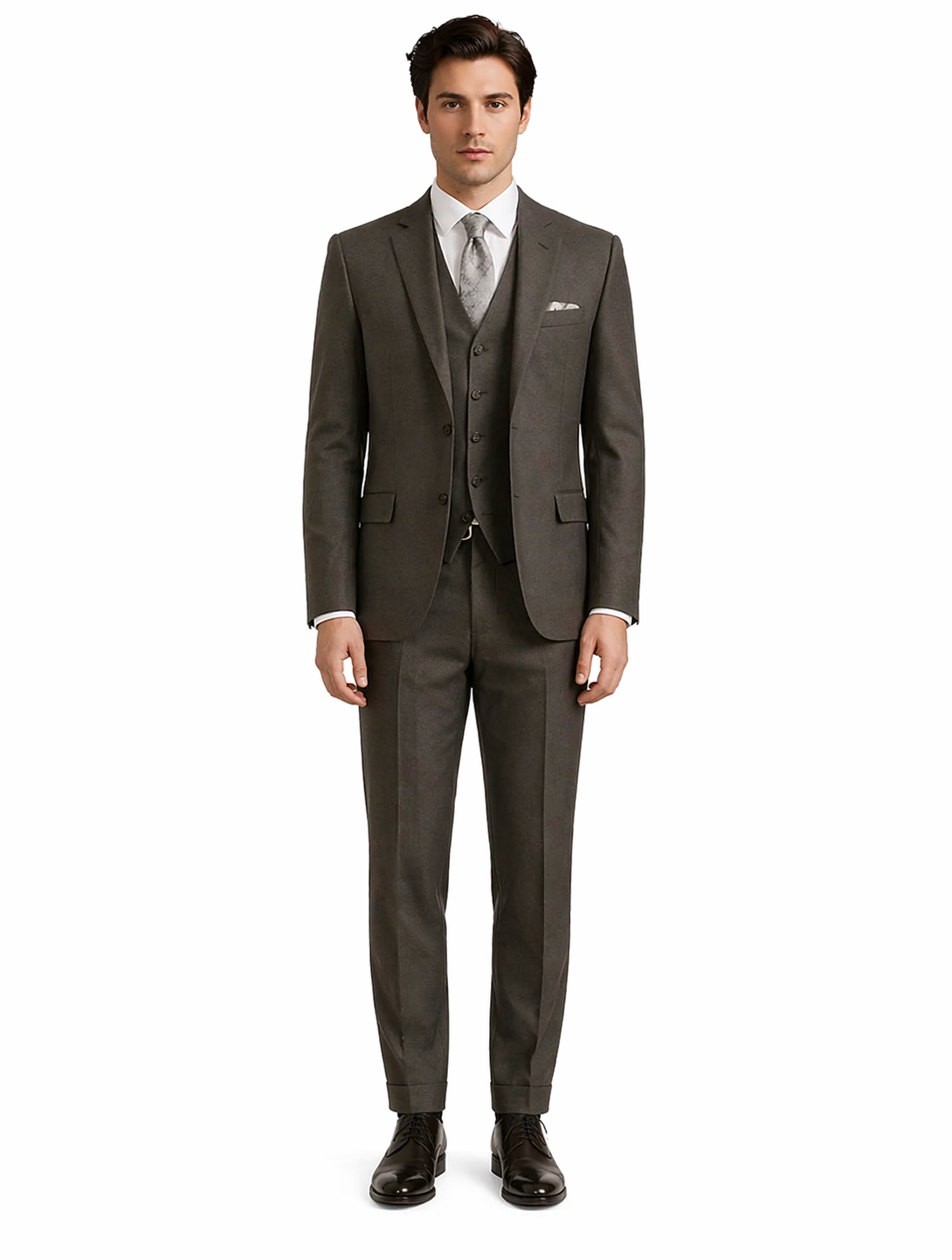 "Charcoal Grey Men's 2-Button Suit with Pleated Pants & Double-Breasted Vest"