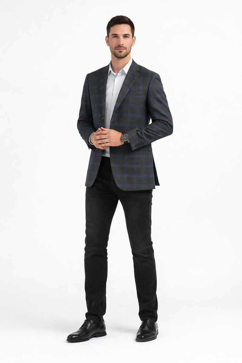 Charcoal Grey With Blue Windowpane Sport Coat - Gray Plaid Blazer