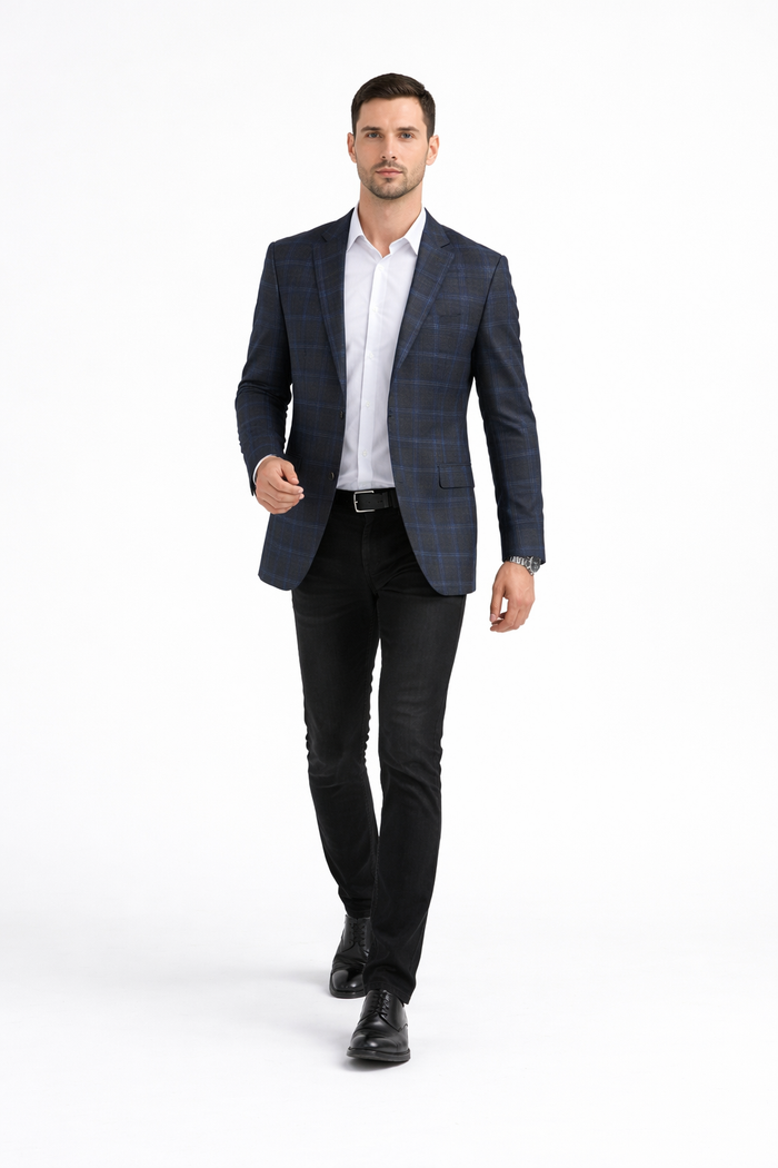 Charcoal Grey With Blue Windowpane Sport Coat - Gray Plaid Blazer