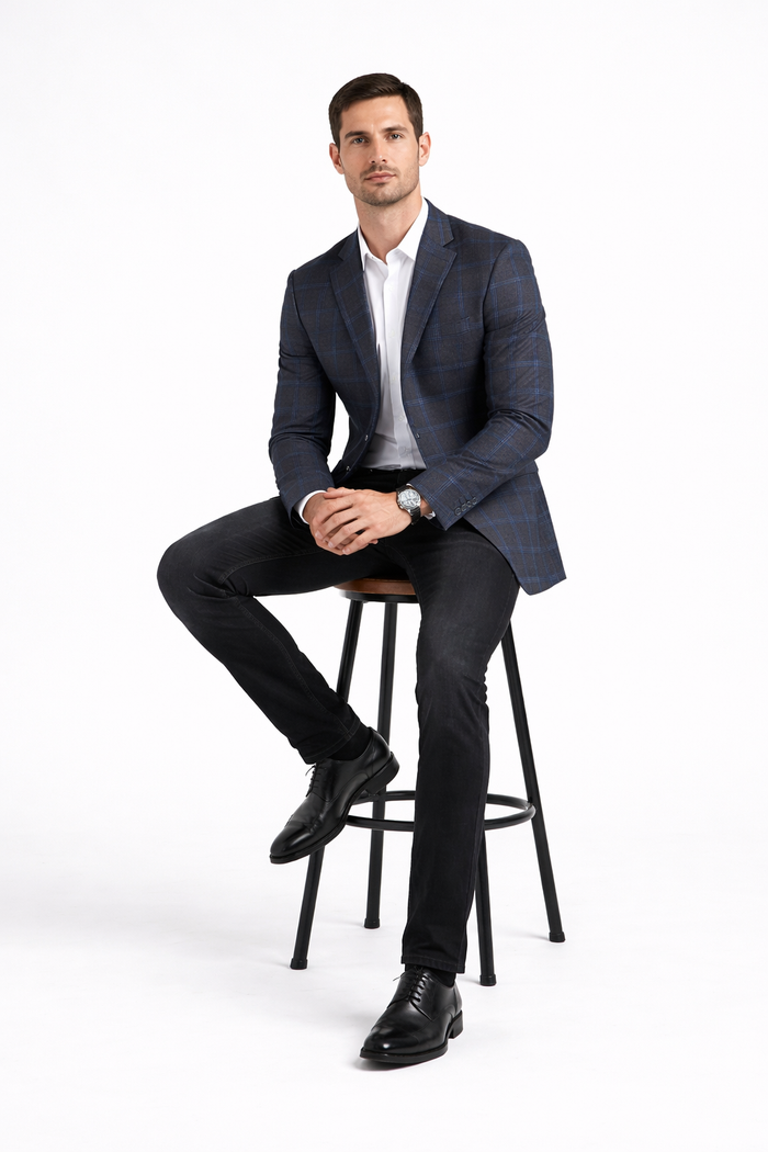 Charcoal Grey With Blue Windowpane Sport Coat - Gray Plaid Blazer