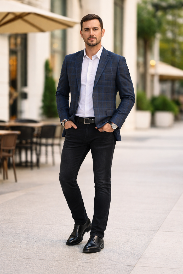 Charcoal Grey With Blue Windowpane Sport Coat - Gray Plaid Blazer