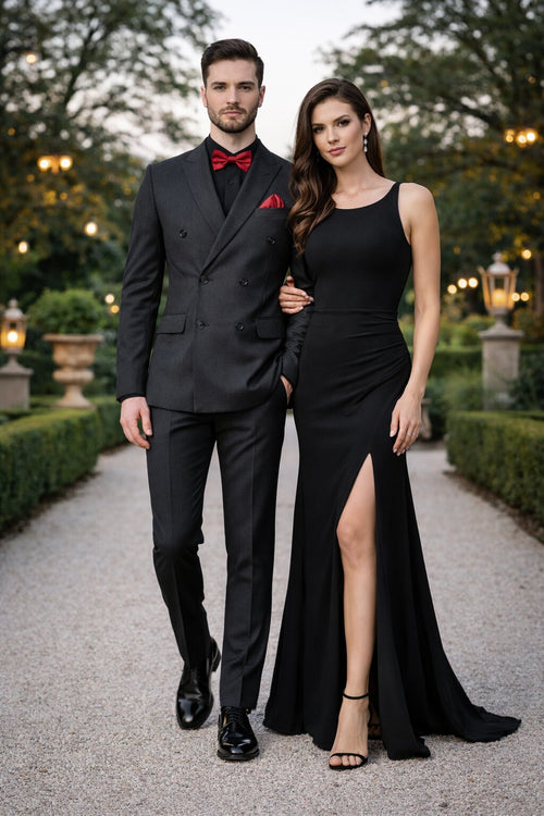 Ultra Slim Fit Double Breasted Charcoal Suit - Narrow Leg Pants - Gucci Cut - Tapered Jacket