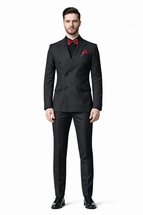 Ultra Slim Fit Double Breasted Charcoal Suit - Narrow Leg Pants - Gucci Cut - Tapered Jacket