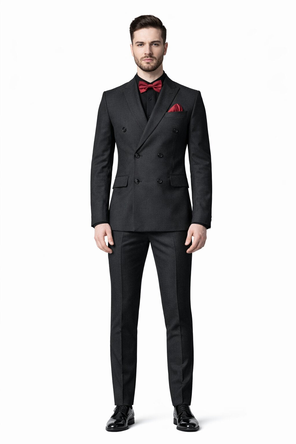 Ultra Slim Fit Double Breasted Charcoal Suit - Narrow Leg Pants - Gucci Cut - Tapered Jacket