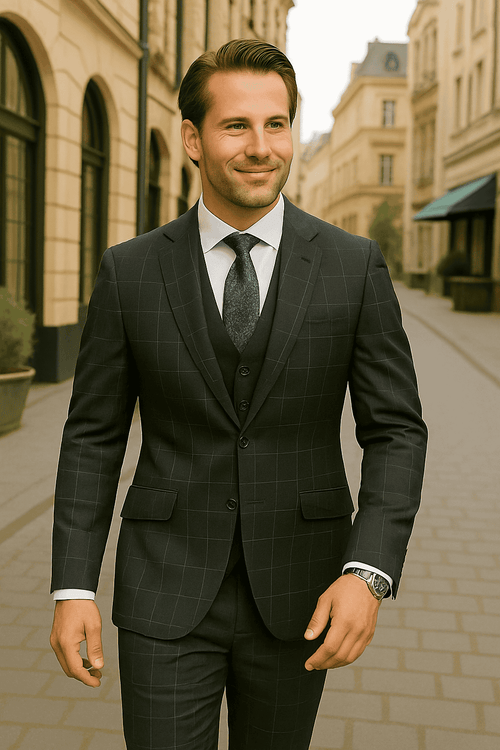 Wool Suit - Italian Made Business Suit by Statement Men's 3 Piece 100% Wool Modern Fit Suit - Fashion Pattern