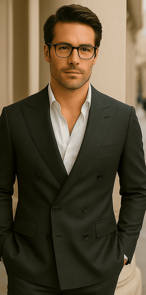 Wool Suit - Italian Made Business Suit by Statement Men's 100% Wool 2 Piece Double Breasted Suit - Subtle Windowpane