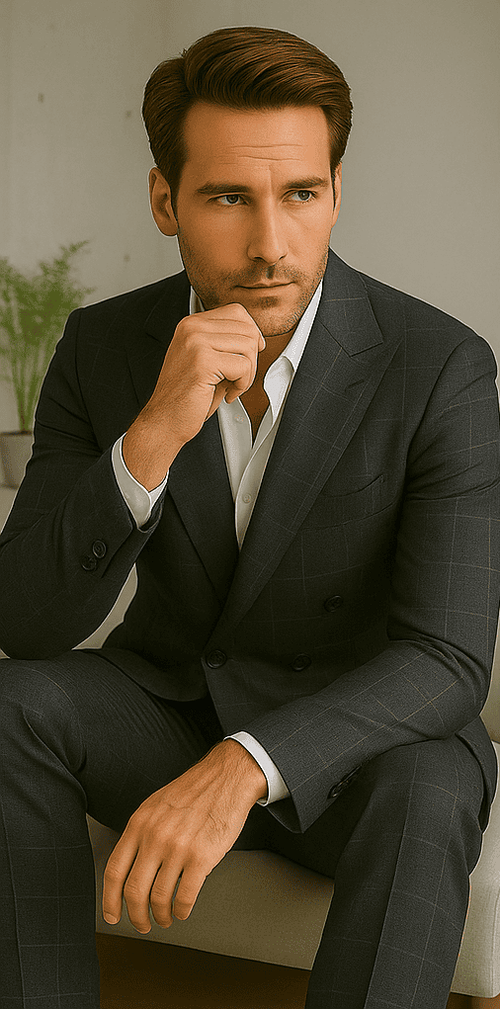 Wool Suit - Italian Made Business Suit by Statement Men's 100% Wool 2 Piece Suit - Double Breasted Plaid