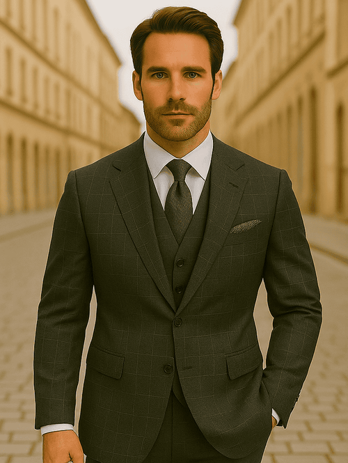 Wool Suit - Italian Made Business Suit by Statement Men's 3 Piece 100% Wool Modern Fit Suit - V-Neck Double Breasted Vest