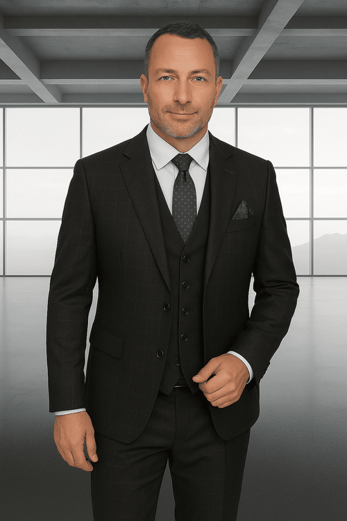 Wool Suit - Italian Made Business Suit by Statement Men's 3 Piece 100% Wool Modern Fit Suit - Solid Scoop Vest