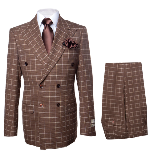 Classic fit suit. 100% wool, brown plaid with white grid. Double-breasted jacket, two-button rows, front pockets. Wide-leg pleated pants, matching fabric and pattern.
