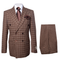 Classic fit suit. 100% wool, brown plaid with white grid. Double-breasted jacket, two-button rows, front pockets. Wide-leg pleated pants, matching fabric and pattern.