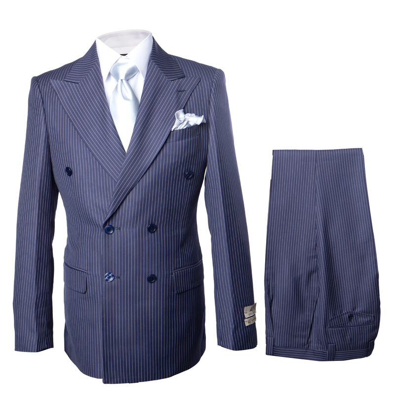 Navy wool suit with double-breasted blazer and wide-leg, pleated pants. Features a white pinstripe. Blazer has front pockets and pocket square. Pants offer a classic fit.
