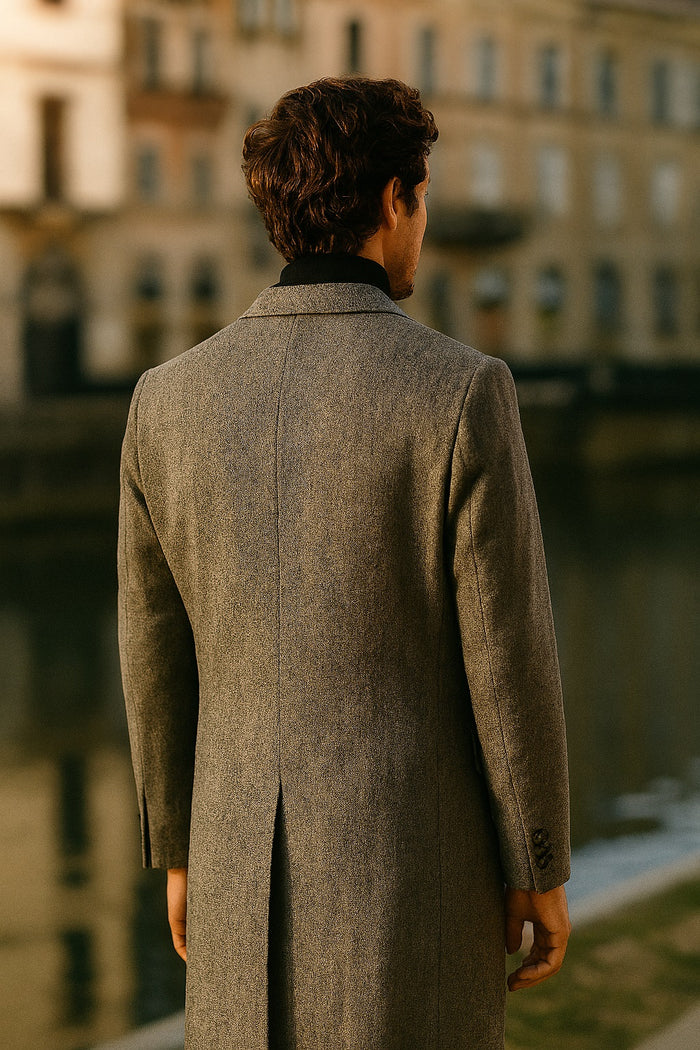 Herringbone Wool & Cashmere Chesterfield Overcoat 1920s Full Length