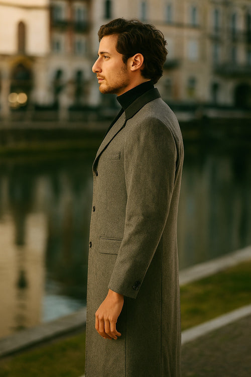 Herringbone Wool & Cashmere Chesterfield Overcoat â€“ 1920s Full Length