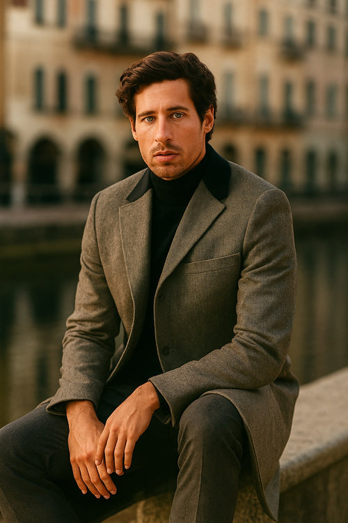 Herringbone Wool & Cashmere Chesterfield Overcoat â€“ 1920s Full Length