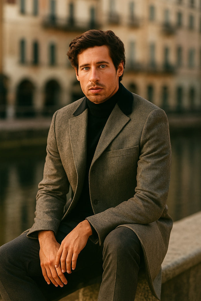 Herringbone Wool & Cashmere Chesterfield Overcoat 1920s Full Length
