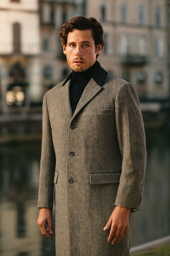 Herringbone Wool & Cashmere Chesterfield Overcoat 1920s Full Length