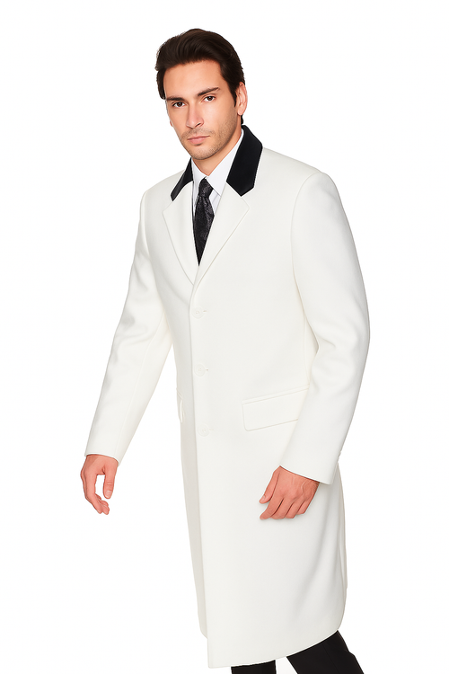 Mens Overcoat - Mens Long Wool Topcoats - Topcoat For Men-Chesterfield Wool & Cashmere Full Length Overcoat Winter White