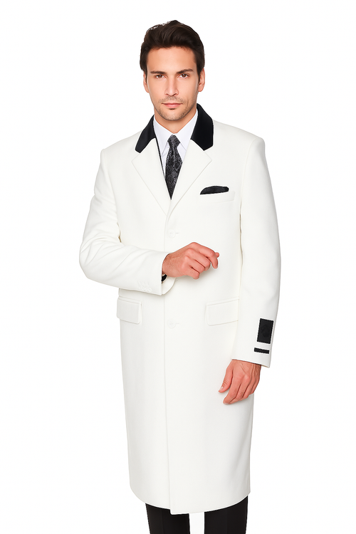 Mens Overcoat - Mens Long Wool Topcoats - Topcoat For Men-Chesterfield Wool & Cashmere Full Length Overcoat Winter White