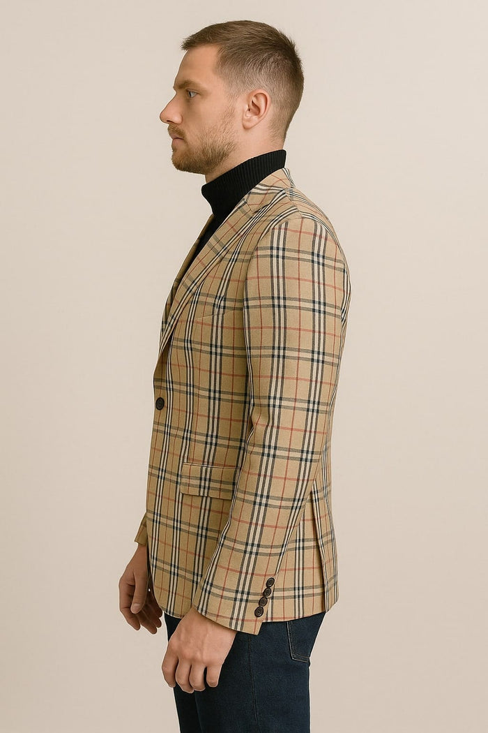 Beige checkered blazer with tan plaid and camel windowpane. Tailored fit, notched lapels, two pockets, and buttoned cuffs. Beige, black, and red checkered pattern. Woven fabric, single back vent.
