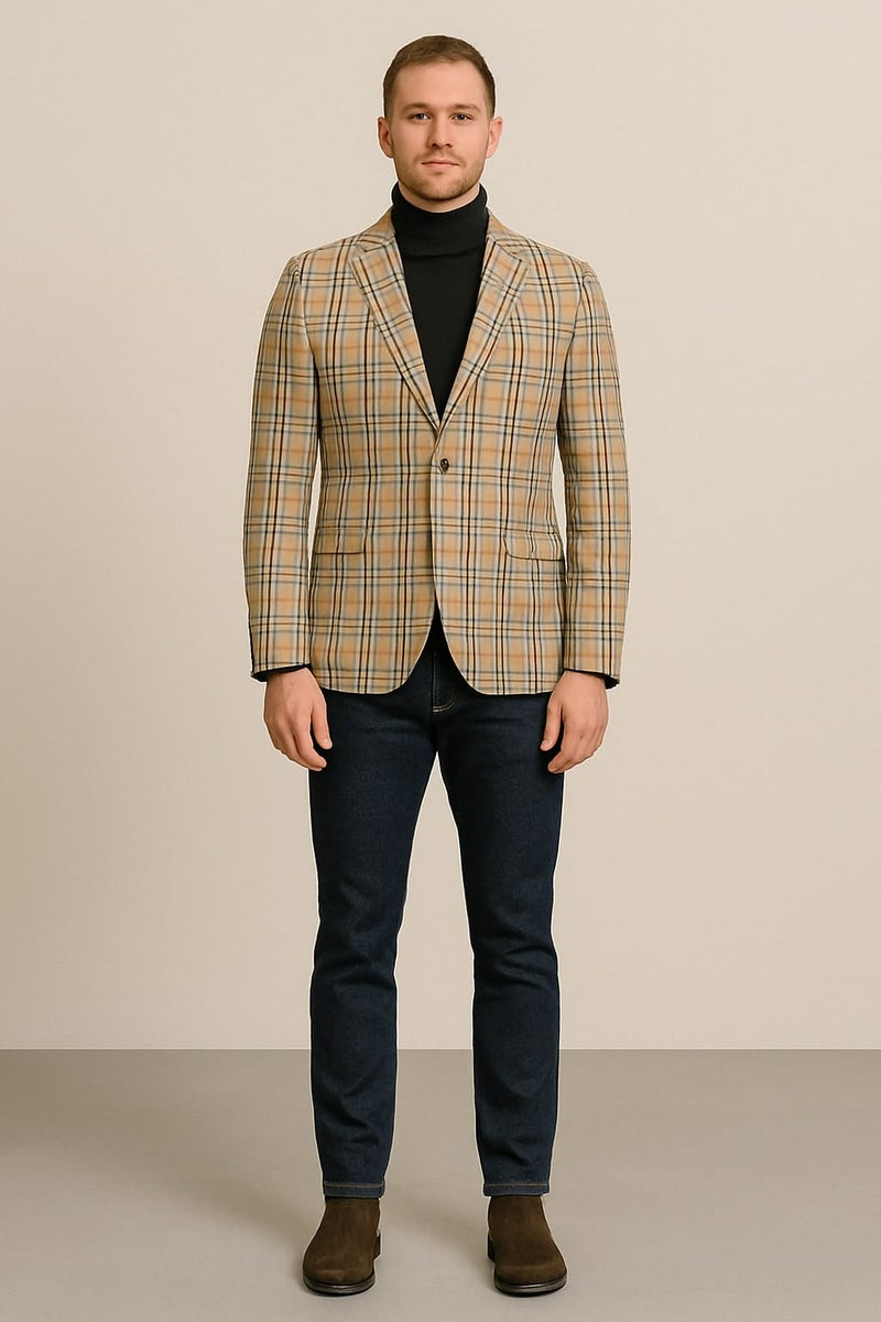 Beige checkered blazer with tan plaid and camel windowpane. Tailored fit, notch lapels, smooth fabric. Classic, structured design.
