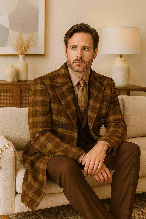 "Men's Double Breasted Wool Overcoat - Full Length, Belted, Brown Windowpane"