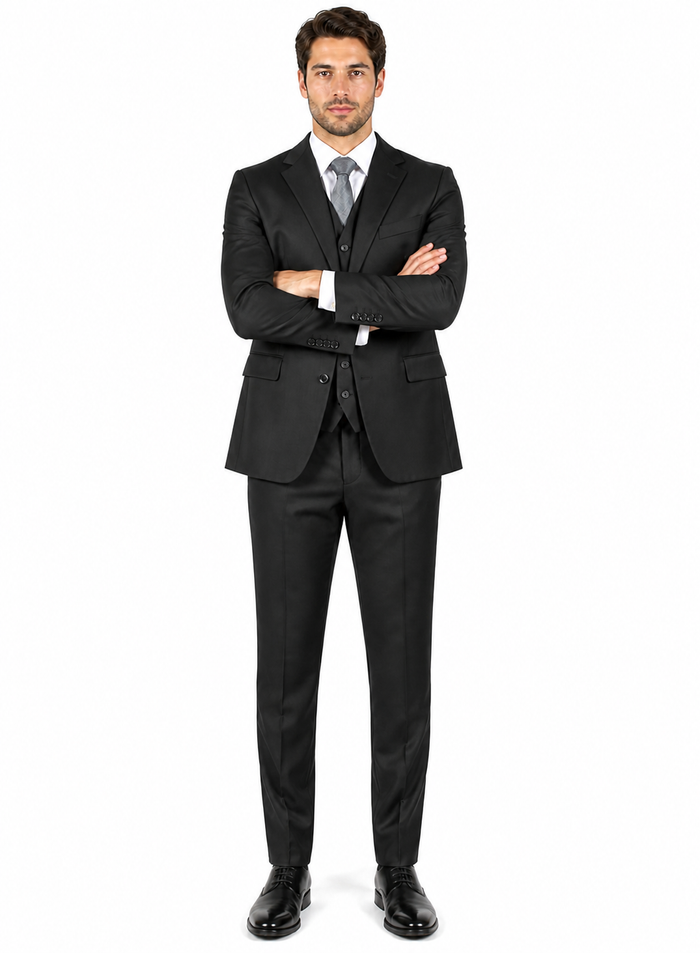 Classic Fit - 100% Dark Grey Suit - Three Button Vested Suit - Athletic Fit
