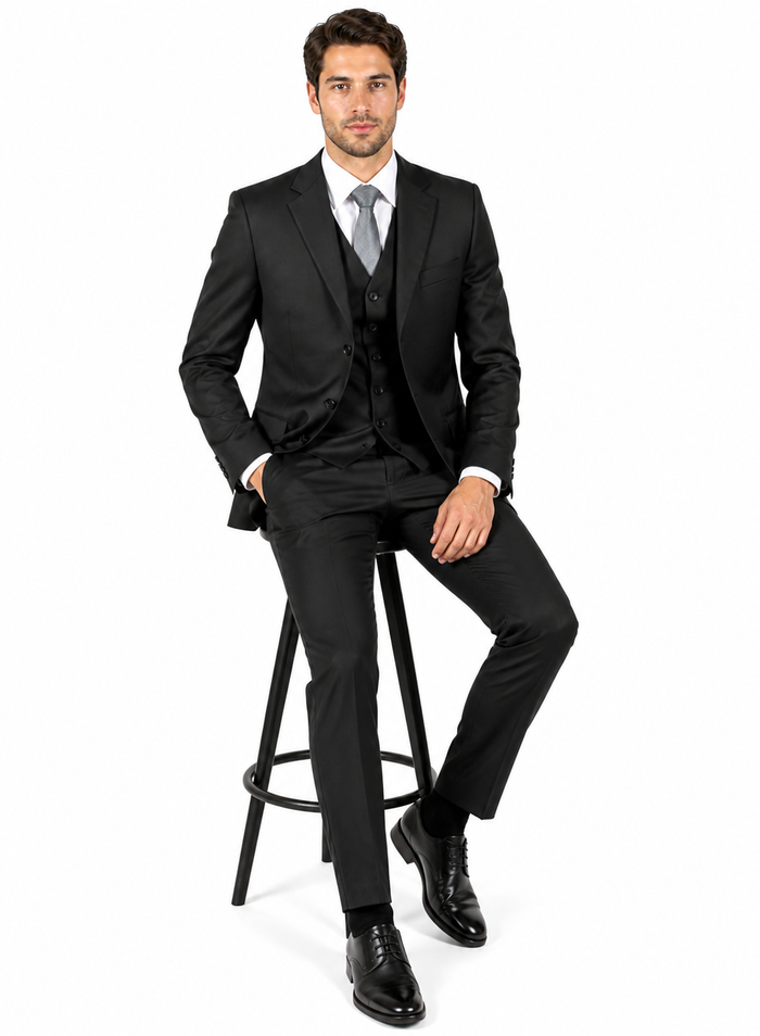 Classic Fit - 100% Dark Grey Suit - Three Button Vested Suit - Athletic Fit
