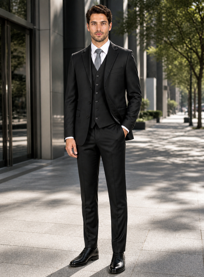Classic Fit - 100% Dark Grey Suit - Three Button Vested Suit - Athletic Fit