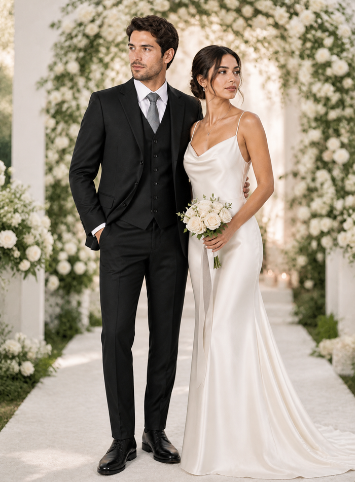Classic Fit - 100% Dark Grey Suit - Three Button Vested Suit - Athletic Fit