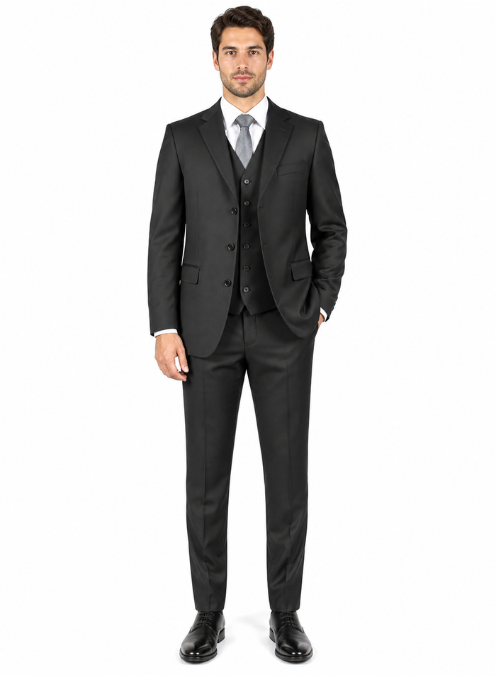 Classic Fit - 100% Dark Grey Suit - Three Button Vested Suit - Athletic Fit