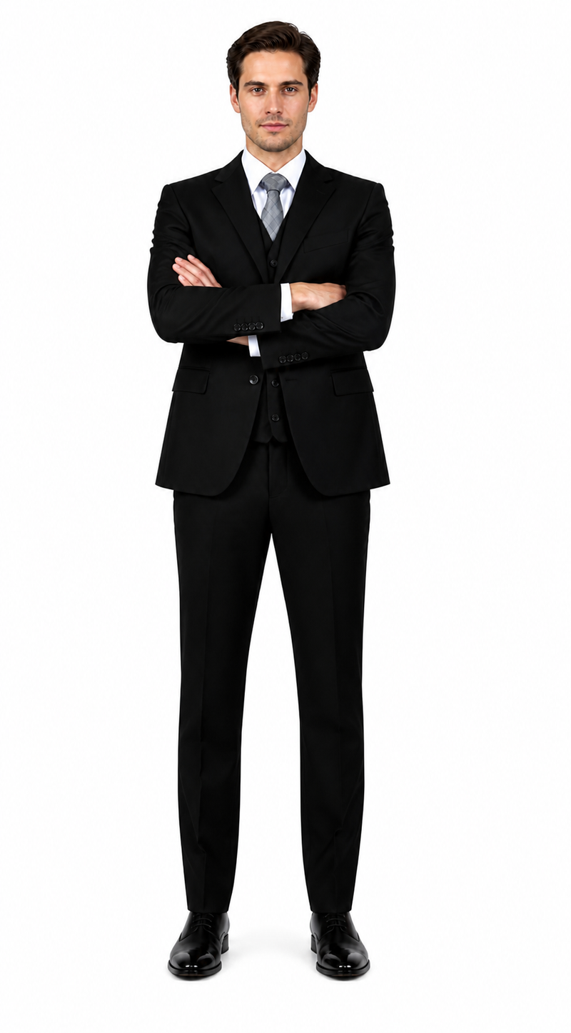 Classic Fit - Black Suit - Three Button Vested Suit - Athletic Fit