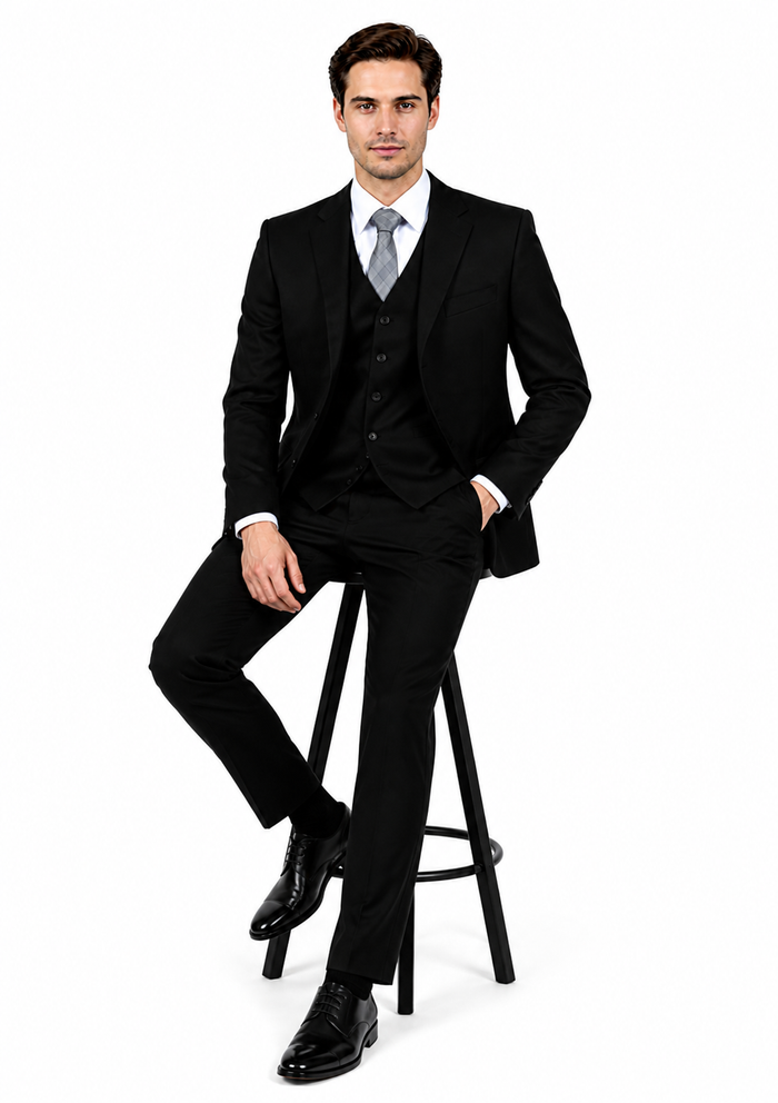 Classic Fit - Black Suit - Three Button Vested Suit - Athletic Fit