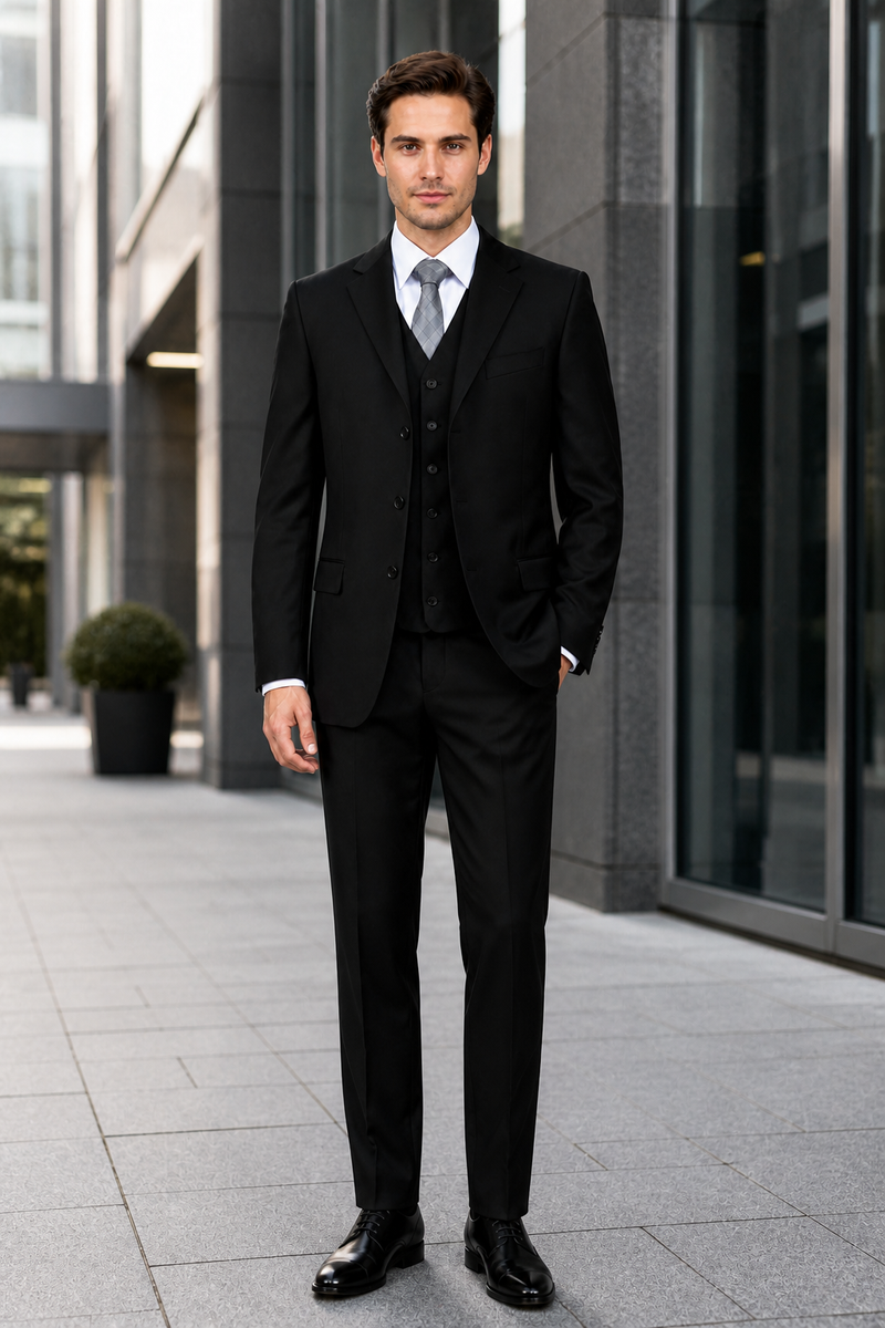 Classic Fit - Black Suit - Three Button Vested Suit - Athletic Fit