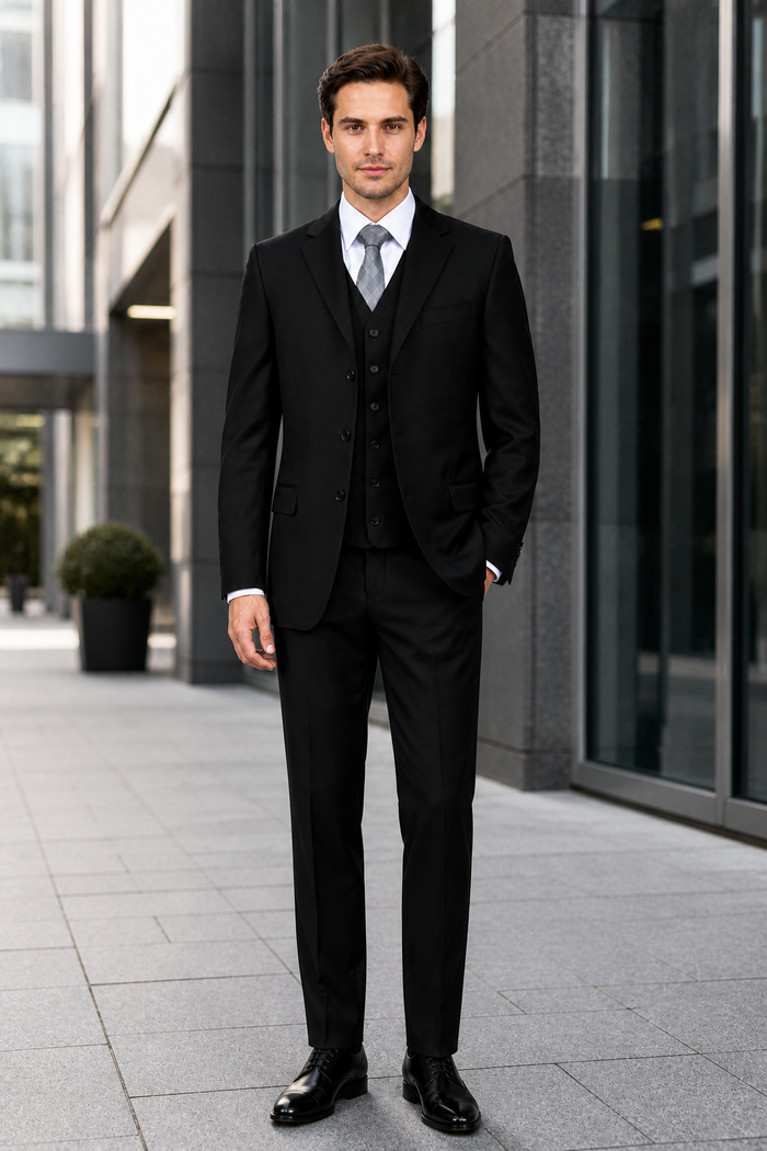 Classic Fit - Black Suit - Three Button Vested Suit - Athletic Fit