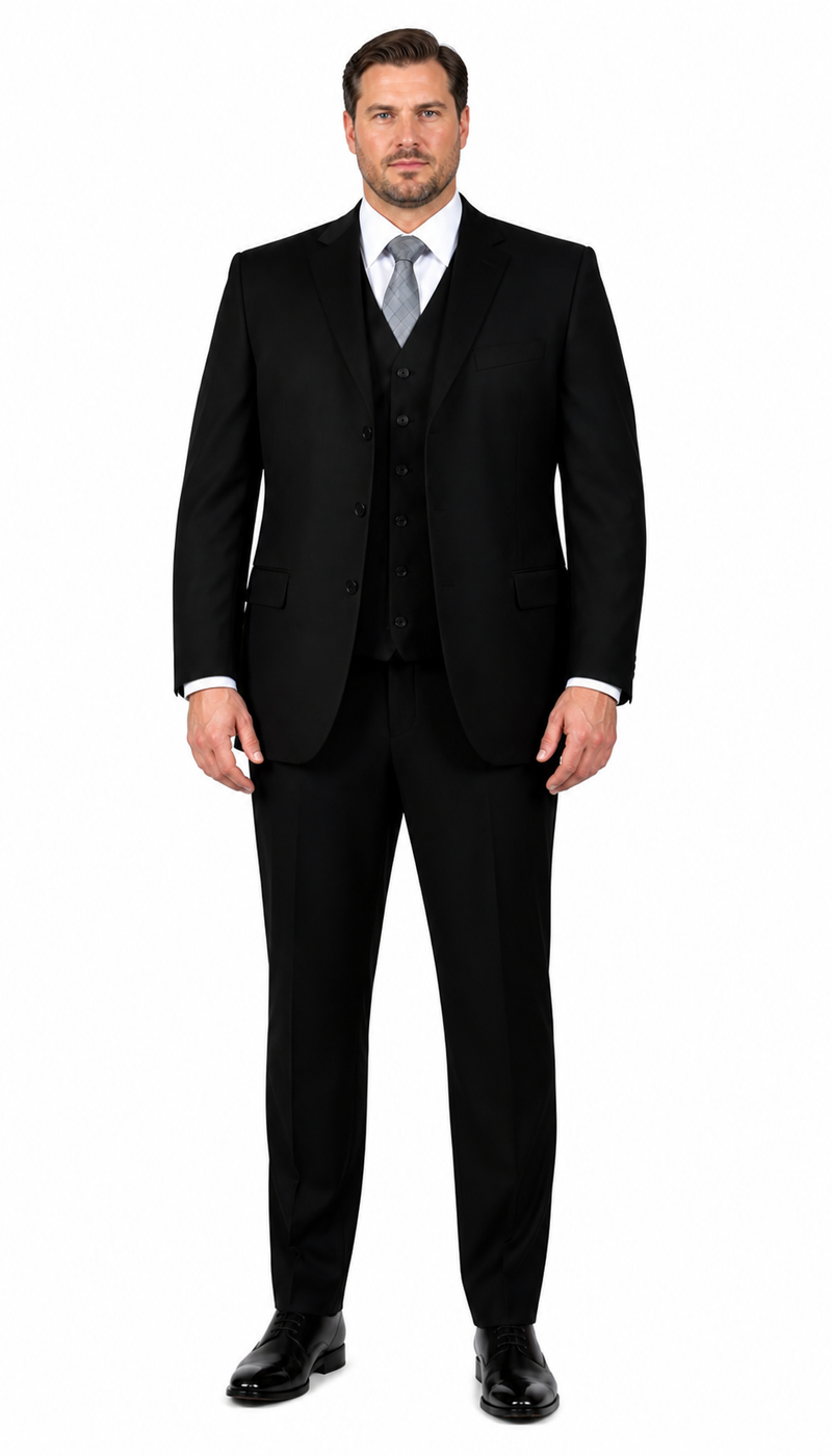 Classic Fit - Black Suit - Three Button Vested Suit - Athletic Fit