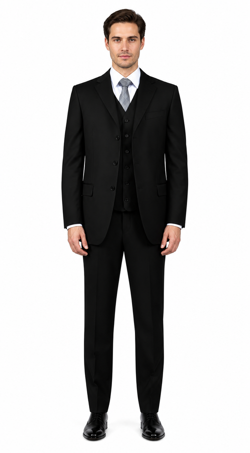 Classic Fit - Black Suit - Three Button Vested Suit - Athletic Fit