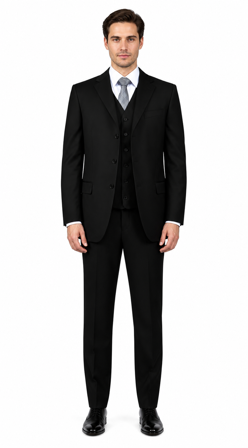 Classic Fit - Black Suit - Three Button Vested Suit - Athletic Fit