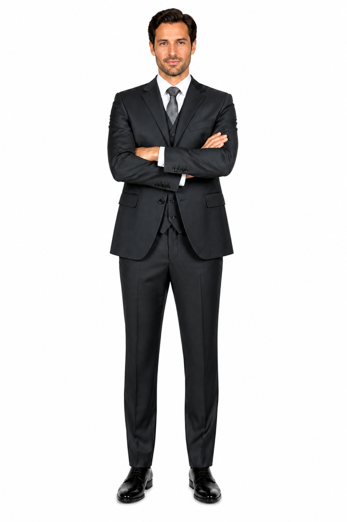 Classic Fit - Charcoal Suit - Three Button Vested Suit - Athletic Fit