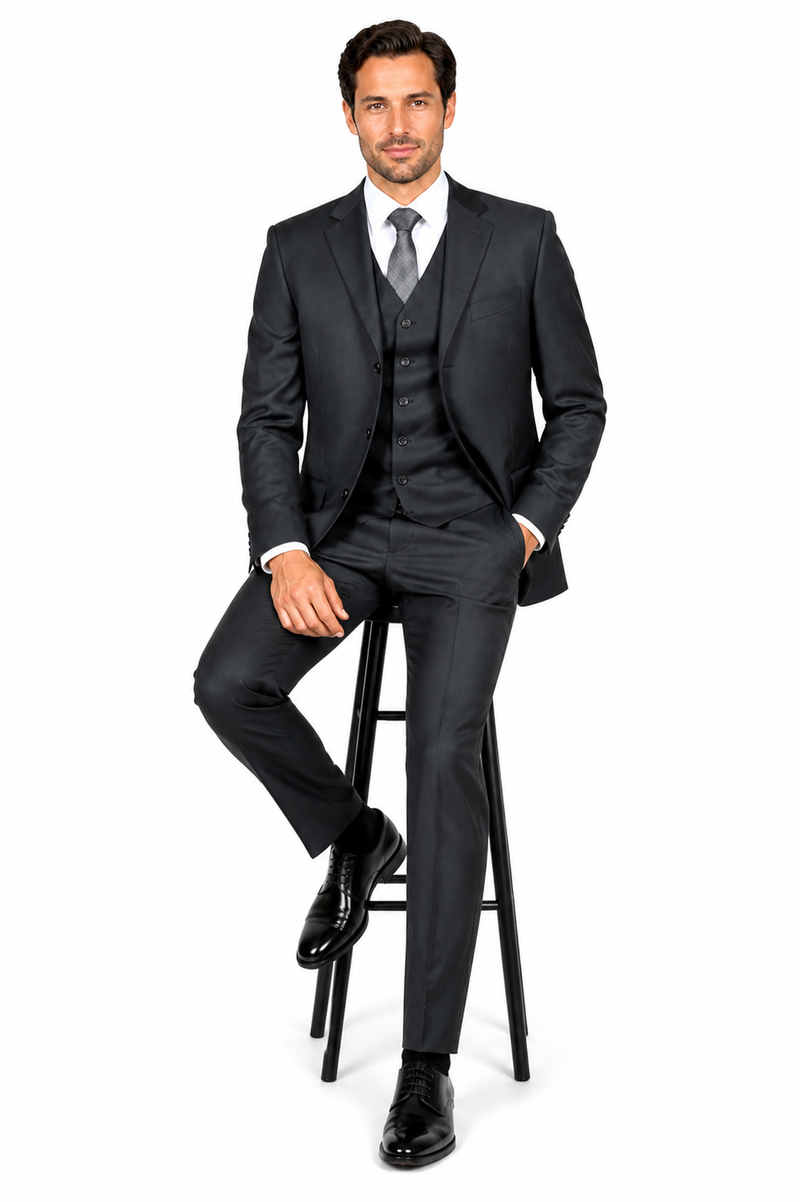 Classic Fit - Charcoal Suit - Three Button Vested Suit - Athletic Fit
