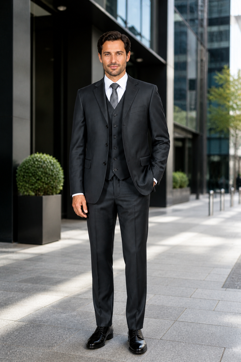 Classic Fit - Charcoal Suit - Three Button Vested Suit - Athletic Fit