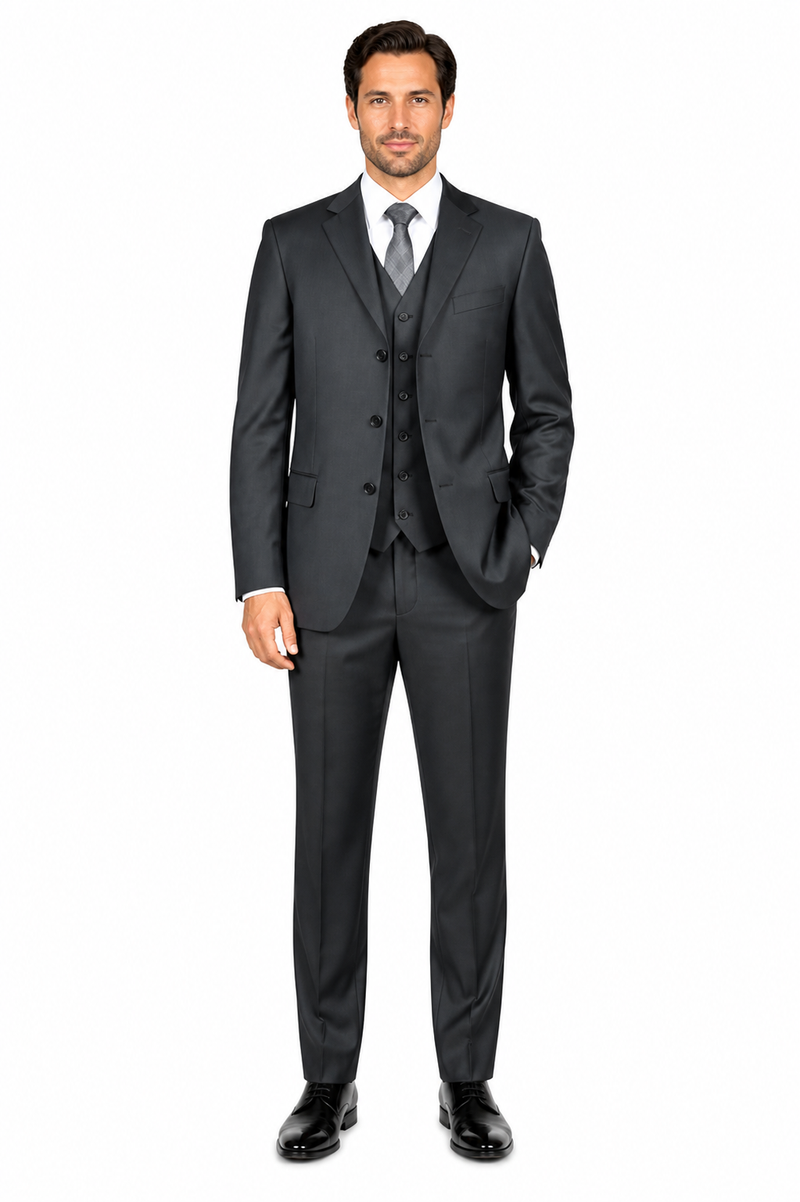 Classic Fit - Charcoal Suit - Three Button Vested Suit - Athletic Fit