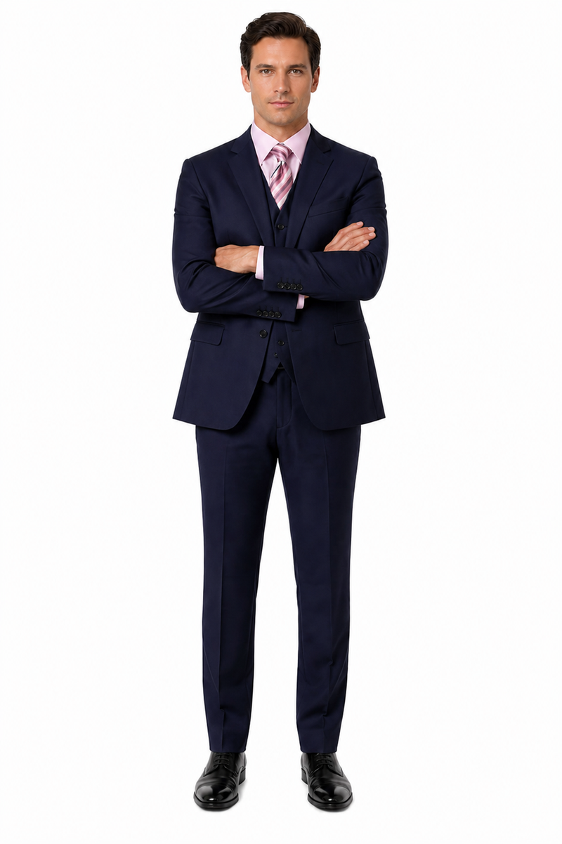 Classic Fit - Navy Suit - Three Button Vested Suit - Athletic Fit