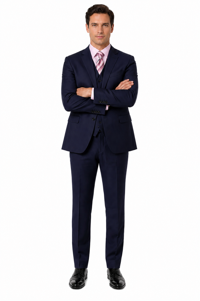 Classic Fit - Navy Suit - Three Button Vested Suit - Athletic Fit