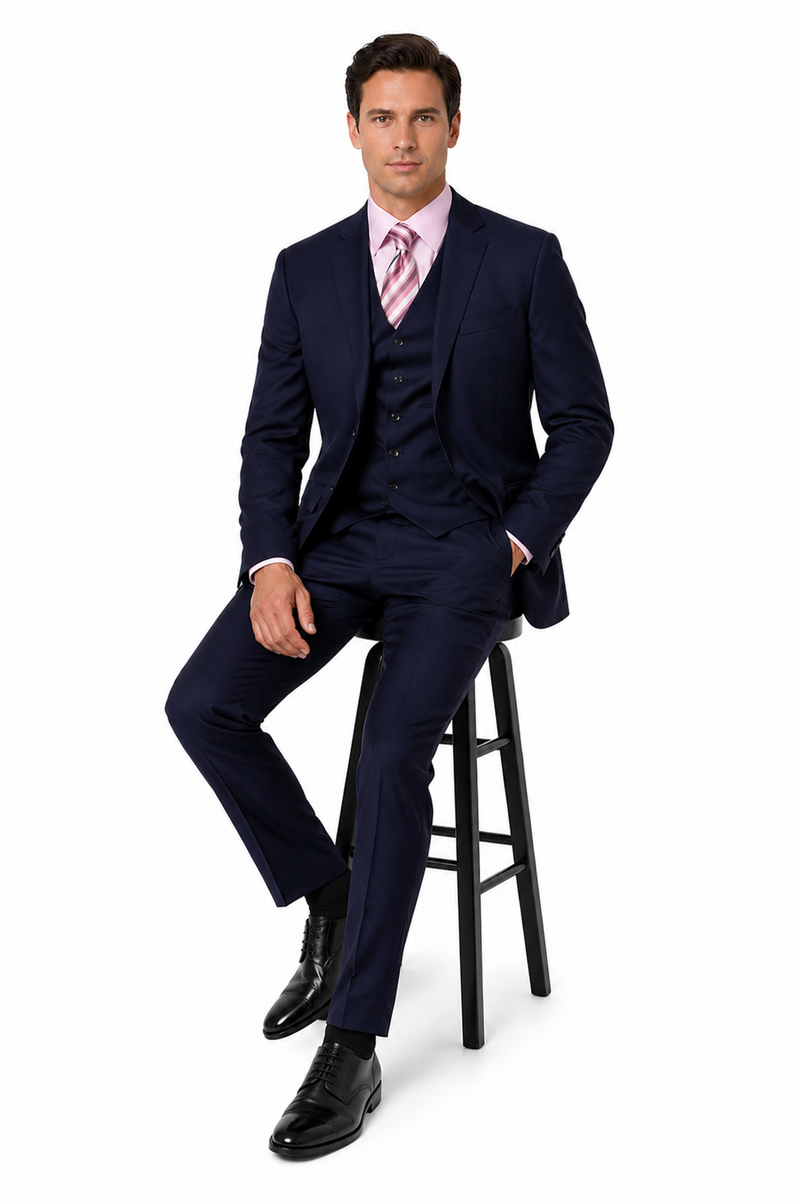 Classic Fit - Navy Suit - Three Button Vested Suit - Athletic Fit