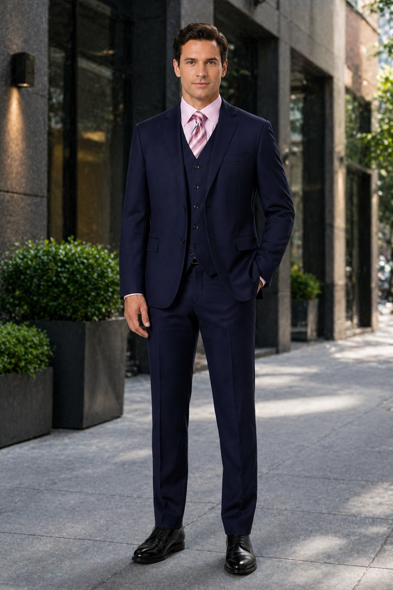 Classic Fit - Navy Suit - Three Button Vested Suit - Athletic Fit