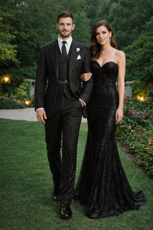 Gangster Suit - Mobster Suit - Mafia Suit For Men 2 button Gangster Pinstripe Suit in Black & White